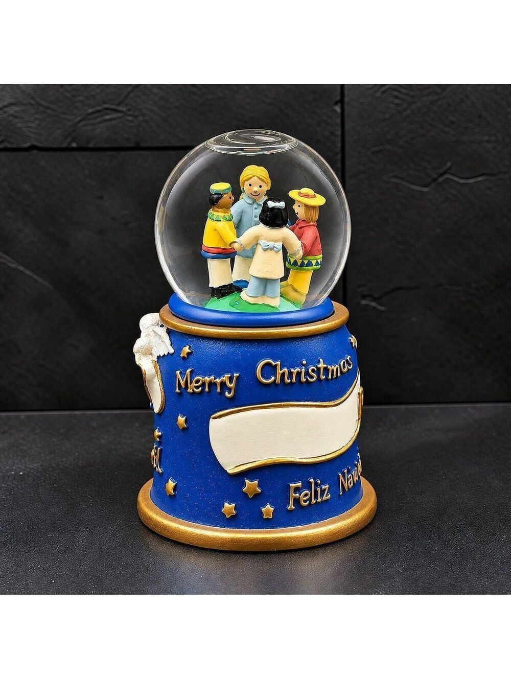 Vtg. Peace on Earth Christmas Snow Globe Children Holding Hands Blue Gold Base